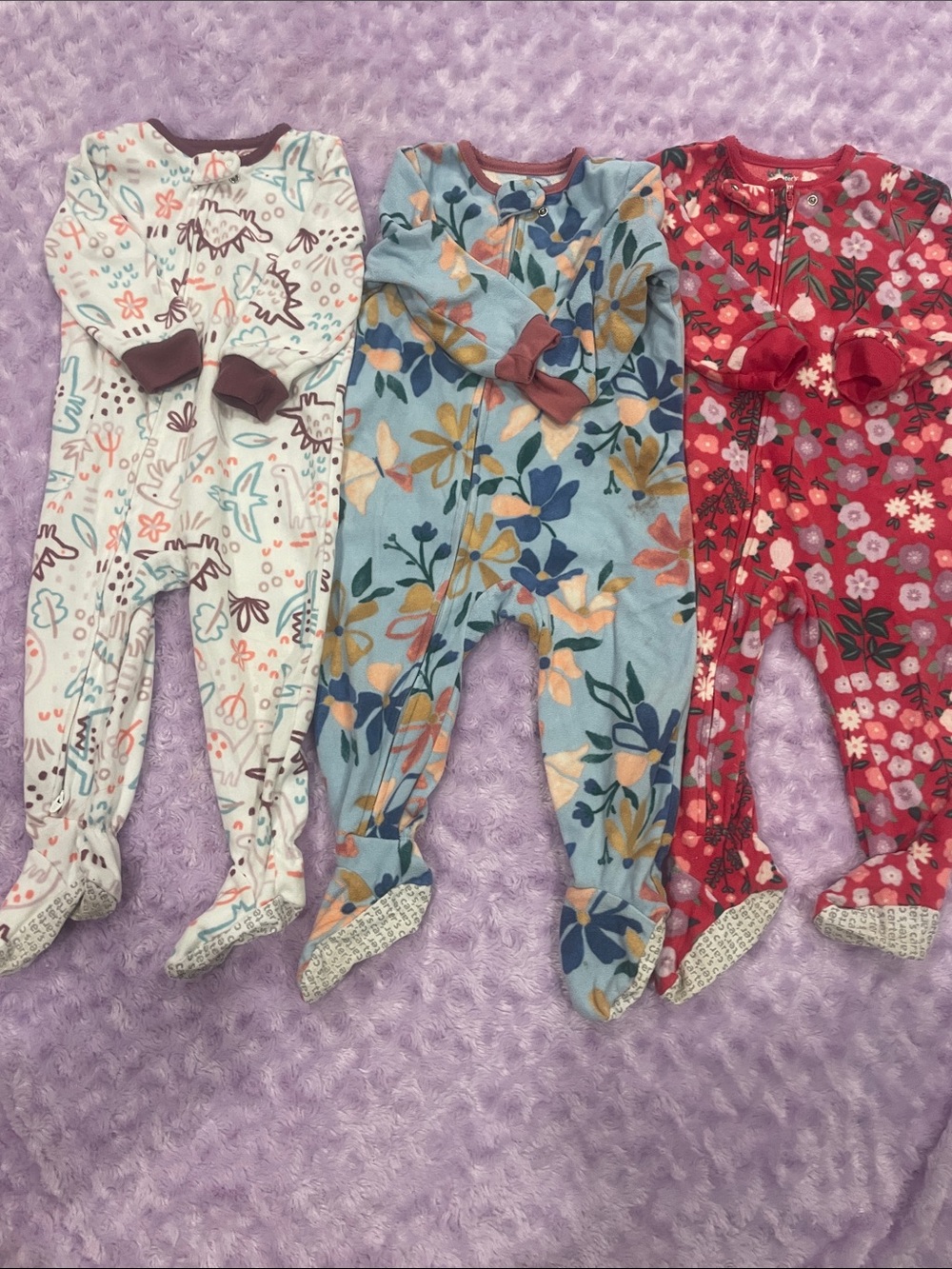 Carter's Multi-Pack Floral and Dino Footed One-Pieces - Blue, Red, Cream